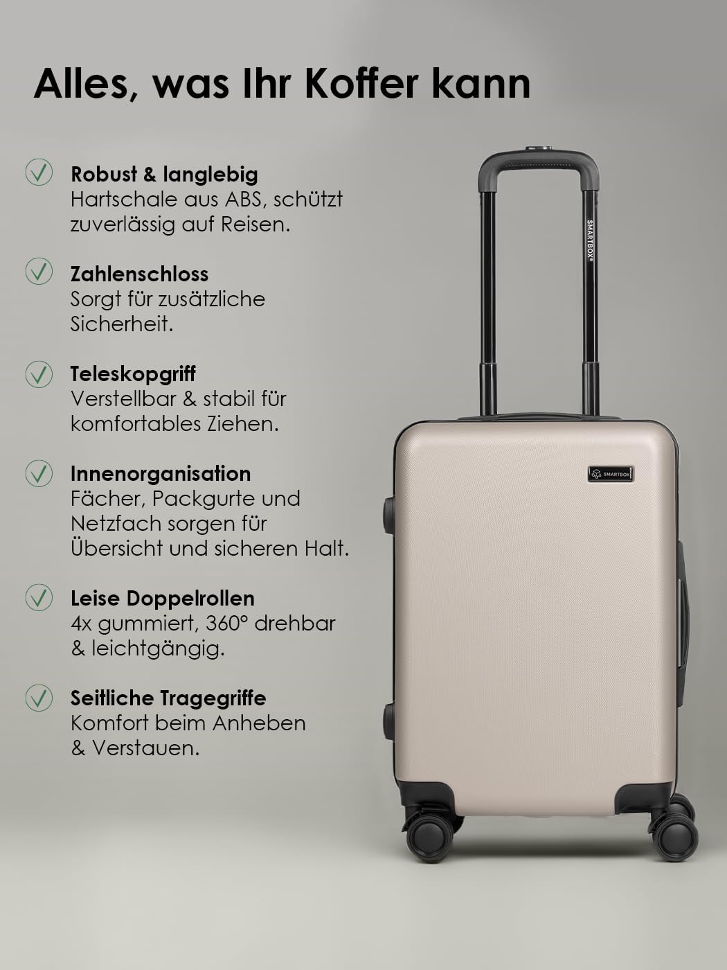 Smartbox Hartschalen Kabinen-Koffer für Damen &amp; Herren | Kleiner Trolley 40 x 23 x 55 cm aus hochwer