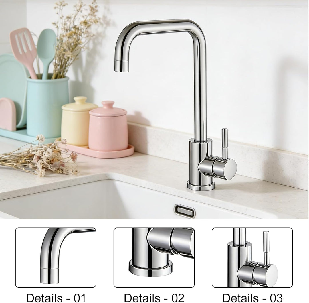 Silber Wasserhahn Küche aus Edelstahl, Küchenarmatur mit 60cm Zulaufschlauch, Mischbatterie Küche, 3