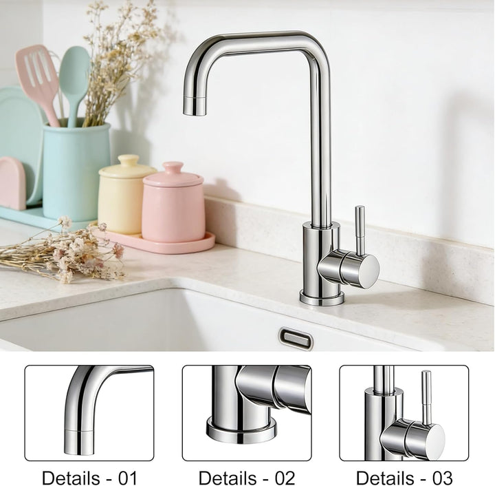 Silber Wasserhahn Küche aus Edelstahl, Küchenarmatur mit 60cm Zulaufschlauch, Mischbatterie Küche, 3