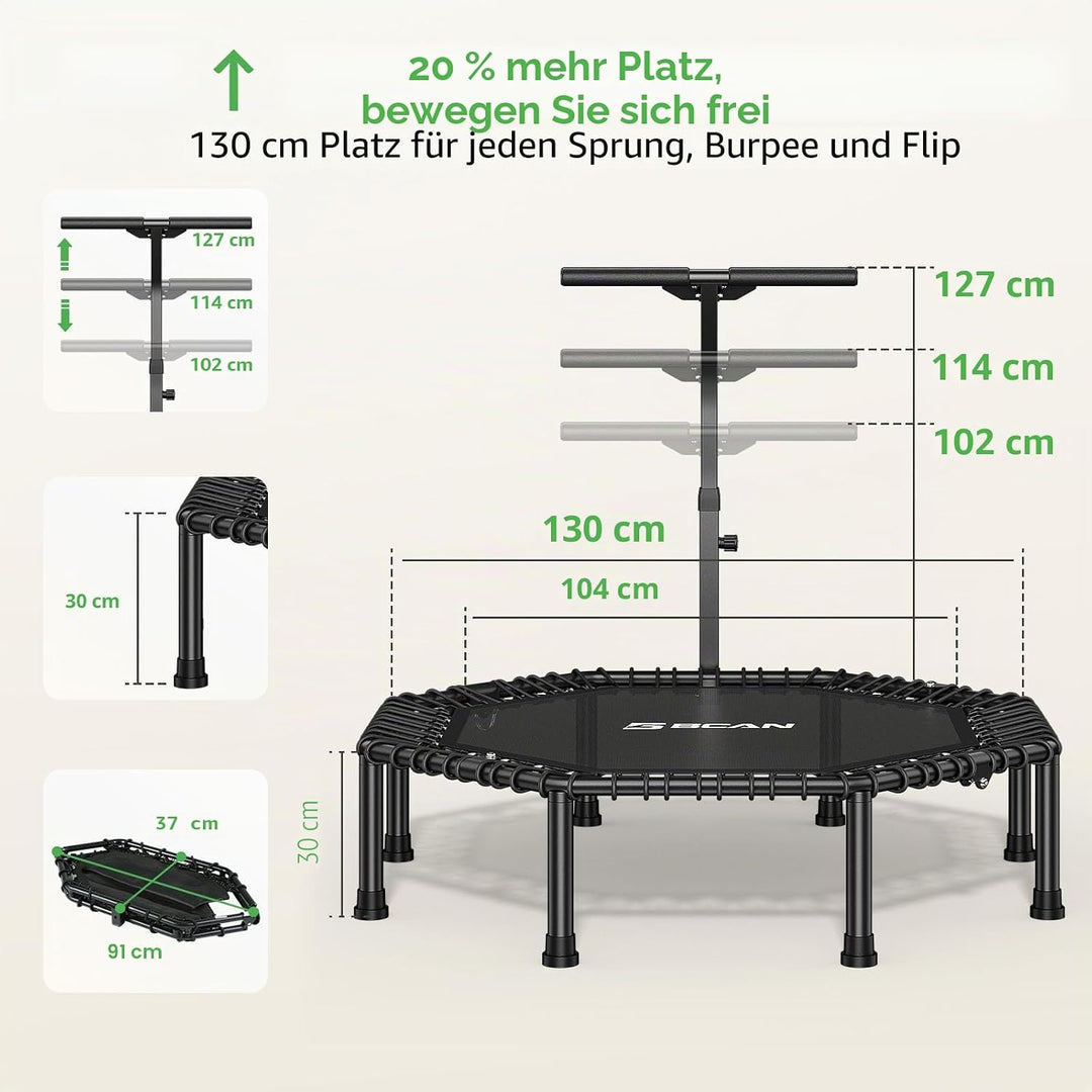 BCAN Trampolin Indoor Erwachsene, Testsieger, 250 kg Tragkraft, Ø 122/130 cm, mit Bungee-Seilen & Ve