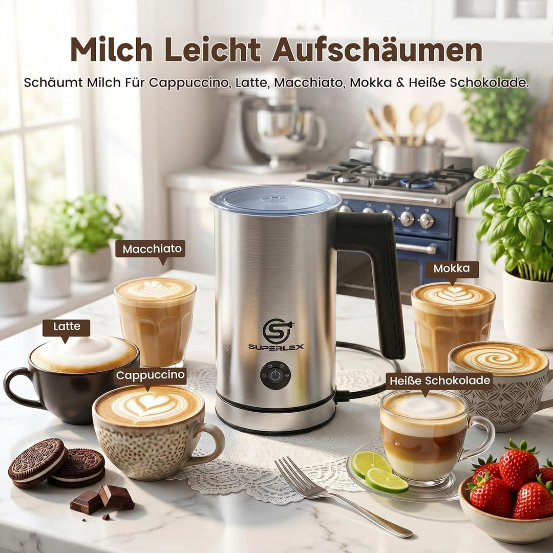 Milchaufschäumer Elektrisch 4-in-1 Edelstahl Milchwärmer 300ml | Doppelwand-Design, Heisser und kalt