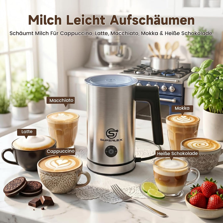 Milchaufschäumer Elektrisch 4-in-1 Edelstahl Milchwärmer 300ml | Doppelwand-Design, Heisser und kalt