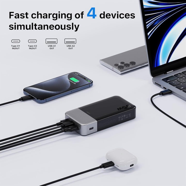 JUOVI Power Bank 65W, Powerbank 20000mAh, Laptop powerbank schnellladefunktion 2 USB-C und 2 USB-A,