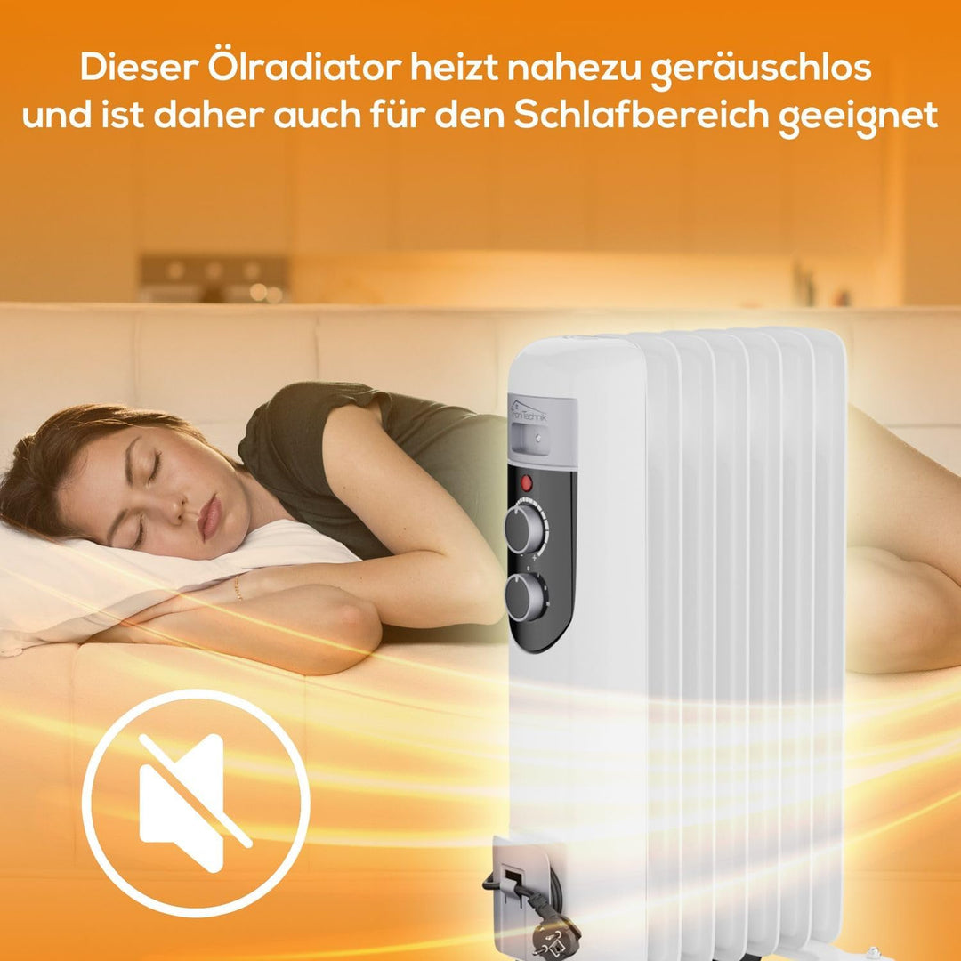 TroniTechnik® Ölradiator OR-107 7 Rippen 1500 W Thermostat weiss | 3 Heizstufen, Kippschutz, 4 Lenkr