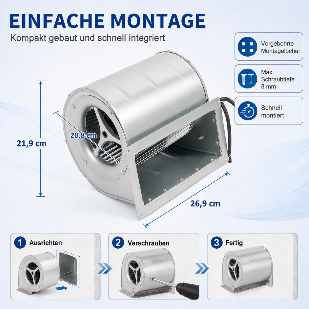 Radialventilator mit Doppelansaugung 150W AC 220V – Laufrad Ø146 mm, für Absaugung, Lüftung, Werksta