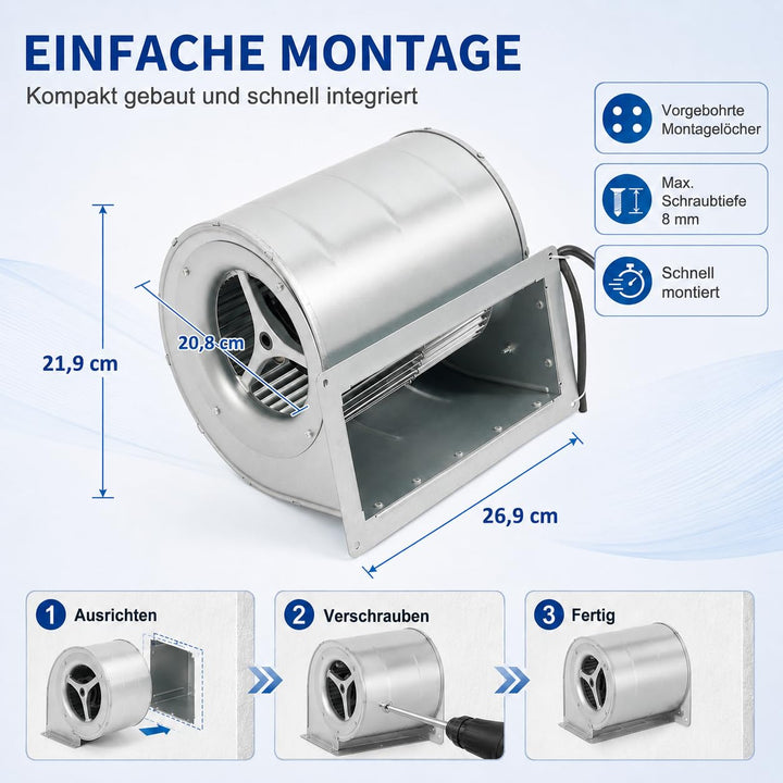Radialventilator mit Doppelansaugung 150W AC 220V – Laufrad Ø146 mm, für Absaugung, Lüftung, Werksta