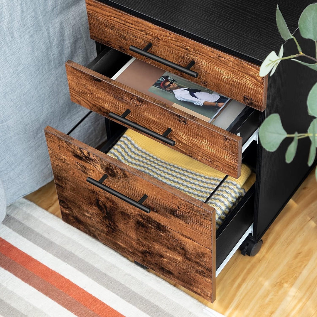 Rollcontainer mit 3 Schubladen, Aktenschrank auf Rollen für Büro & Home Office (Rustik Braun), Rusti