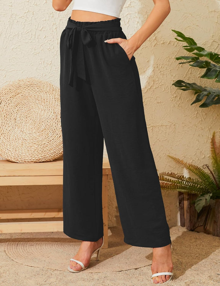 Damen Hose mit weitem Bein Leicht und Elegant Elastischer Bund Sommerhose mit Taschen für Legere Arb