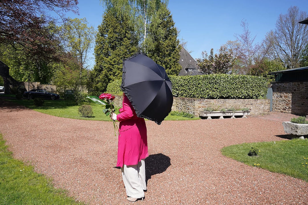 VON LILIENFELD Regenschirm mit Rüsche | Rosen Bouquet | Doppelte Bespannung - Aussen Schwarz - Innen