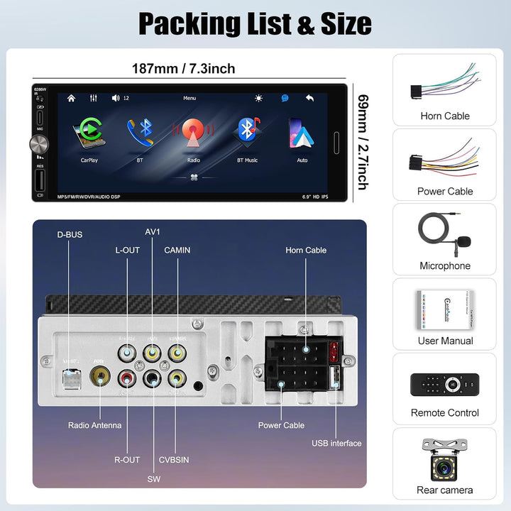 CAMECHO 1 Din Autoradio 6.9 Zoll Wireless Carplay HD IPS Touchscreen Radio Bluetooth mit Android Aut