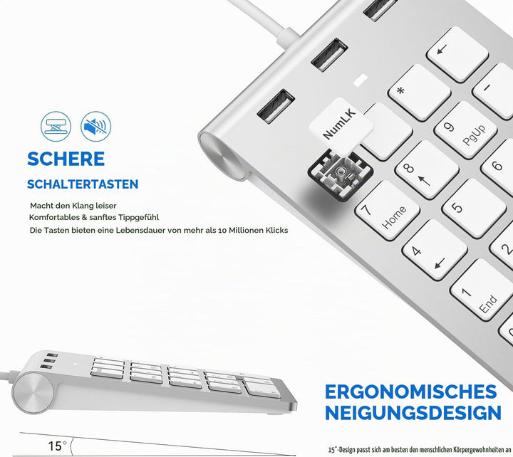 Rytaki Pro USB-C &amp; USB-A Numpad Wired – Nummernblock mit 3 USB 2.0 Hub, 18-Tasten Ziffernblock für L