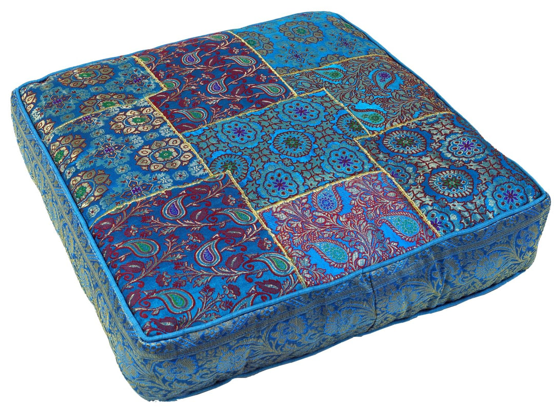 GURU SHOP Orientalisches Patchwork Kissen 40 cm, Sitzkissen, blau | Hochwertiger Brokatstoff, 100% V