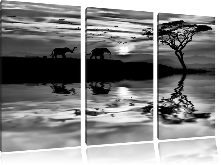 Pixxprint Elefanten in Afrikanischer Steppe als Leinwandbild/Grösse: 3 Teilig (120x80 cm) cm/Wandbil