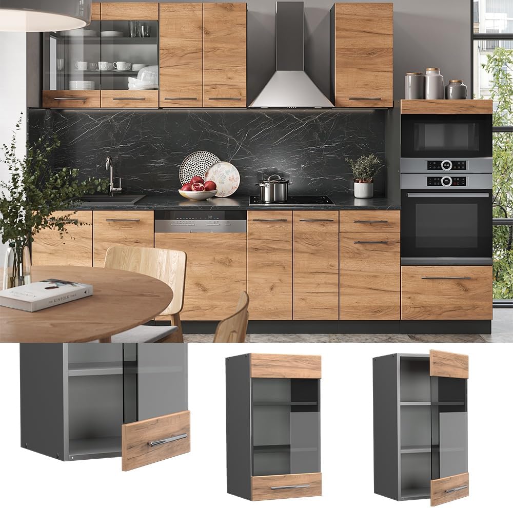 Vicco Küchenschrank Glas Fame-Line, Goldkraft Eiche/Anthrazit, 40 cm Goldkraft Eiche Hängeglasschran