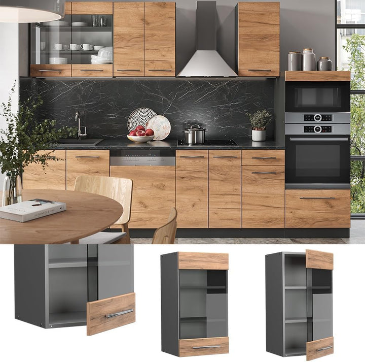 Vicco Küchenschrank Glas Fame-Line, Goldkraft Eiche/Anthrazit, 40 cm Goldkraft Eiche Hängeglasschran