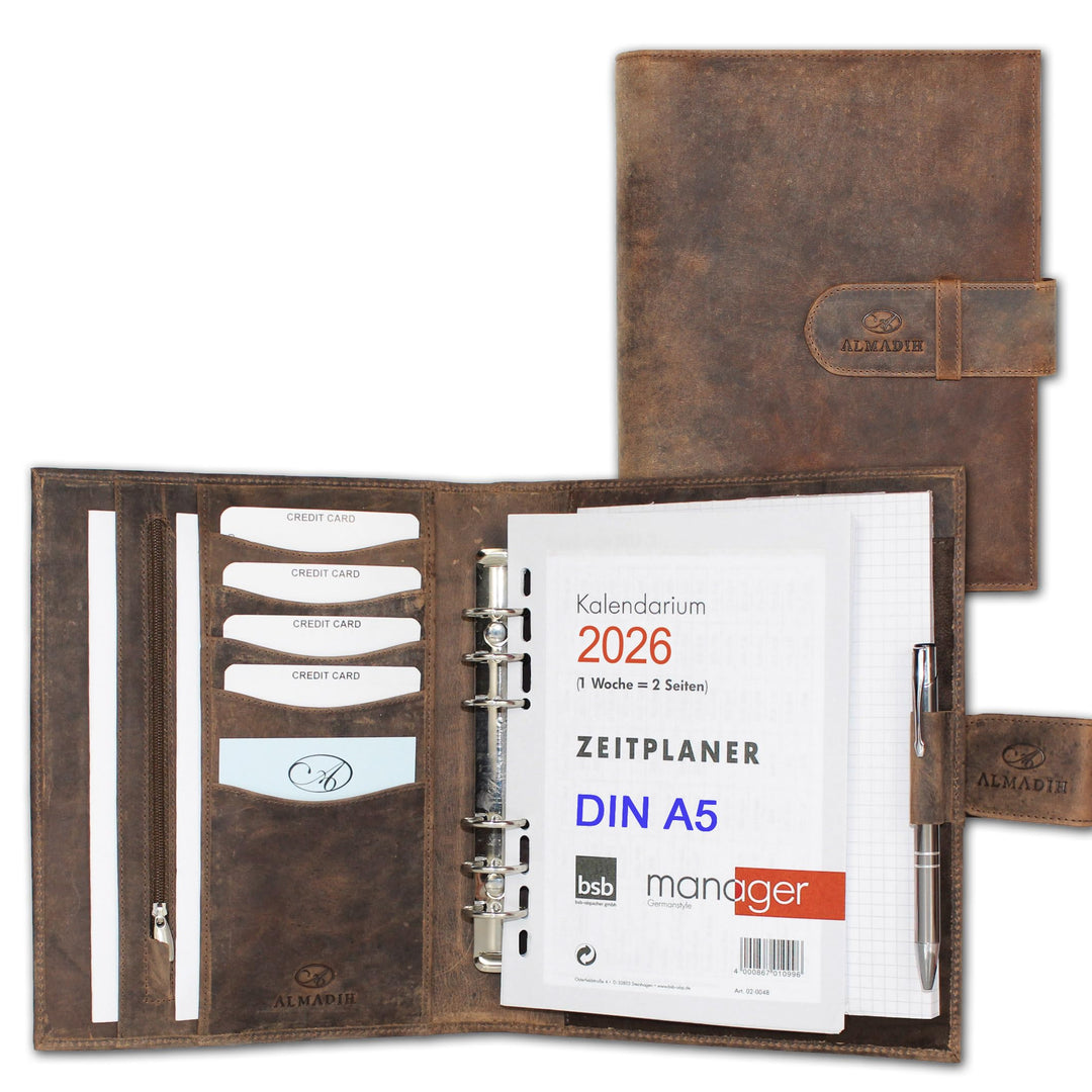 ALMADIH Leder A5 Terminplaner mit Kalender 2024 Schreibblock Premium Rindsleder BV Ledermappe Mappe