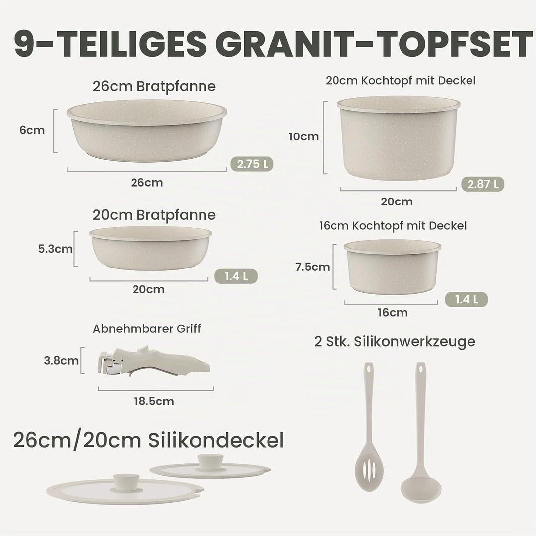 PureGlow Granit Antihaft-Kochset mit abnehmbaren Griffen – 10-teilig inkl. Bratpfanne und Kochtopf m