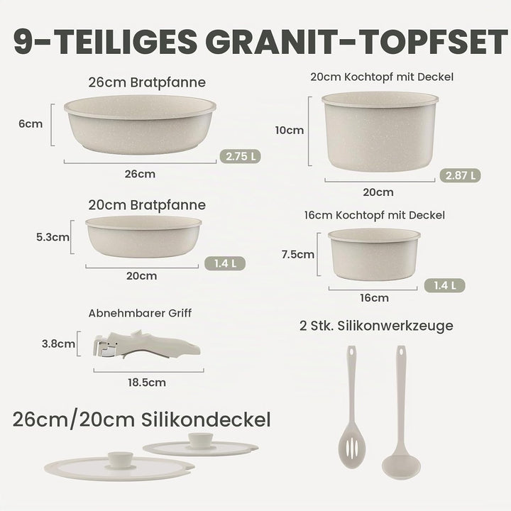 PureGlow Granit Antihaft-Kochset mit abnehmbaren Griffen – 10-teilig inkl. Bratpfanne und Kochtopf m
