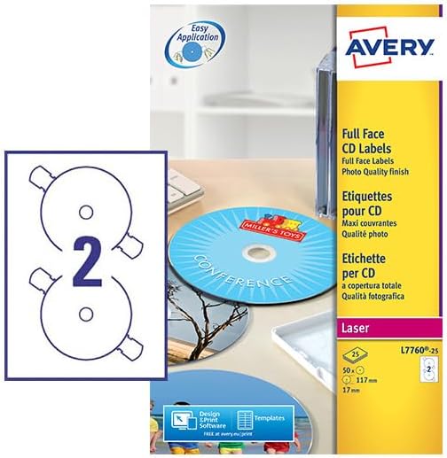 CD -Etikett Avery 117mm Fullizarce White 25 Vel 2 Etiketten pro Blatt