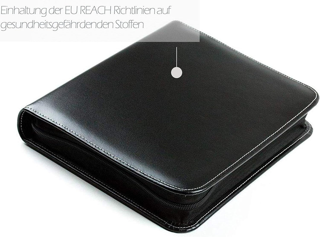 DELMON VARONE - Personalisierbare Ringbuch Schreibmappe DIN A5 aus Cambridge Top Grain Leder schwarz