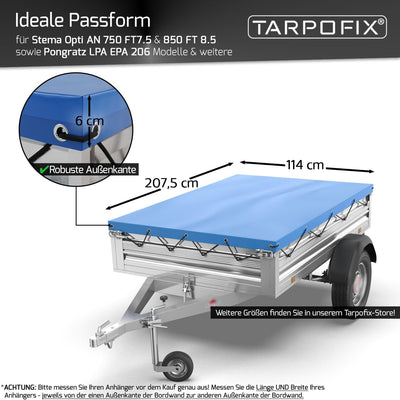 Tarpofix® Anhängerplane Flachplane 2075x1140x100 mm inkl. Planenseil - ECHTES PVC PLANENMATERIAL - E