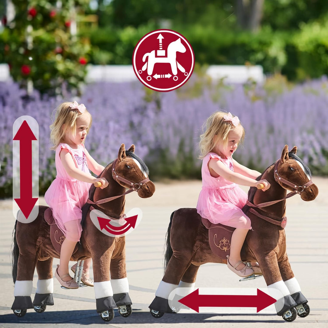 PONNIE Reitpferd mit Rollen Happy S (3-6 Jahre), Spielpferd zum Reiten mit Abnehmbarer Braun Sattel