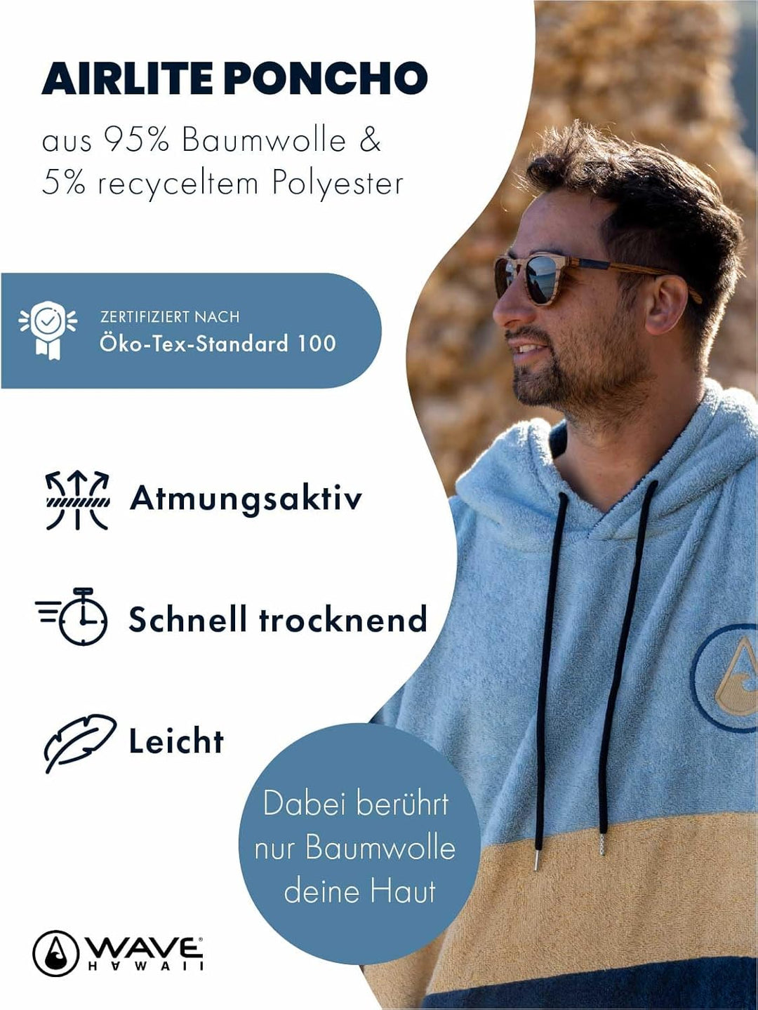 WAVE HAWAII Barravento Surfponcho für Körpergrössen 160-190 cm Poncho 100% ÖKO Baumwolle Velours Umk