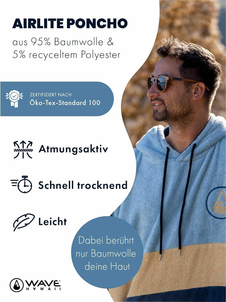 WAVE HAWAII Barravento Surfponcho für Körpergrössen 160-190 cm Poncho 100% ÖKO Baumwolle Velours Umk
