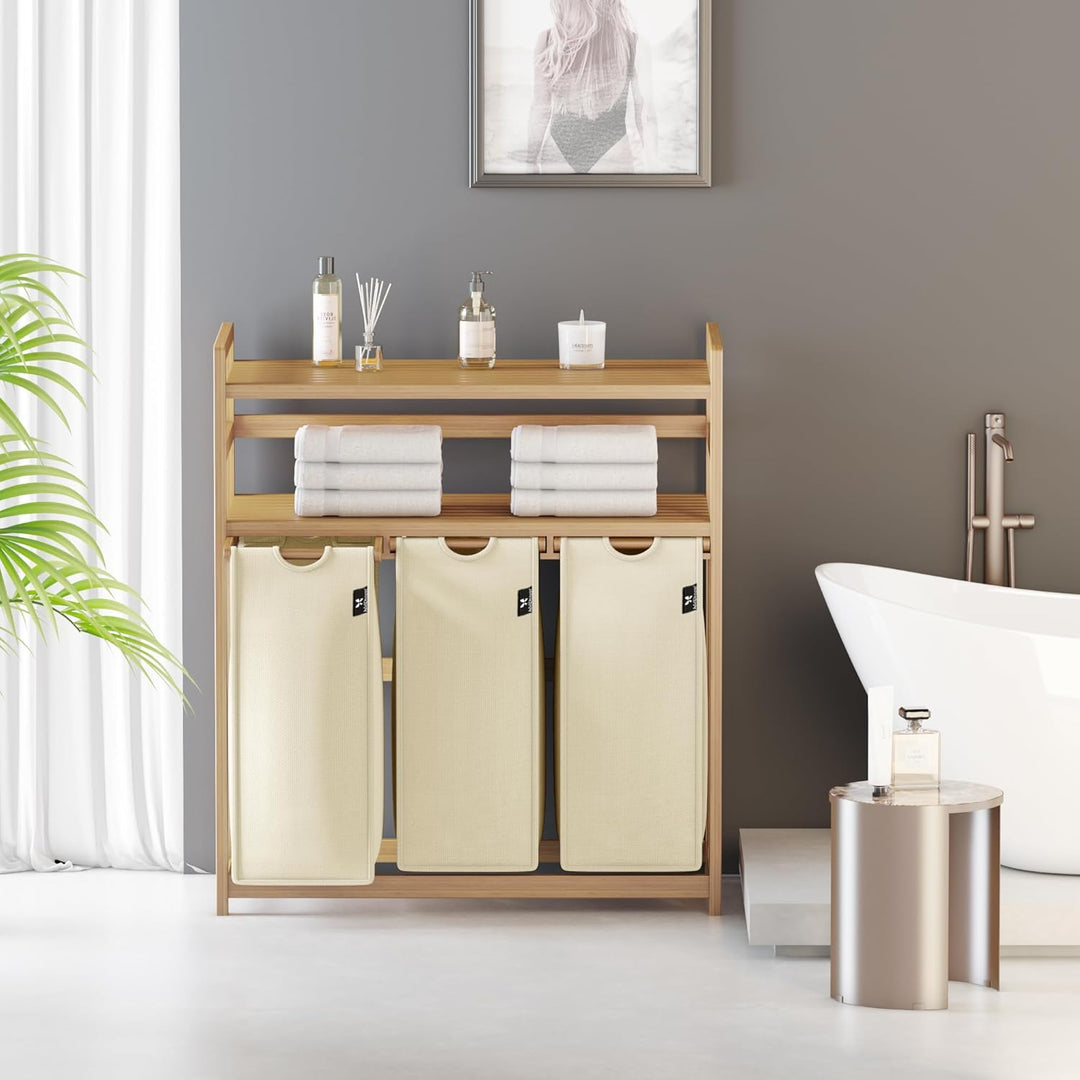 AdelDream Wäschekorb 150L, 3 Fächer Wäschesammler, 2 Ablagen, Bambus | Wäschesortierer 3 x 50L, ausz