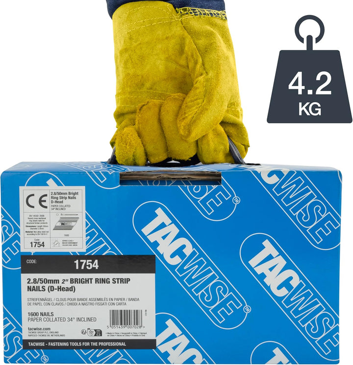 Tacwise 1754 Blanke Rahmennägel 2,8/50 mm, D‘-Kopf, Ringschaft, mit 34° Neigung, Papiergebunden, Pac