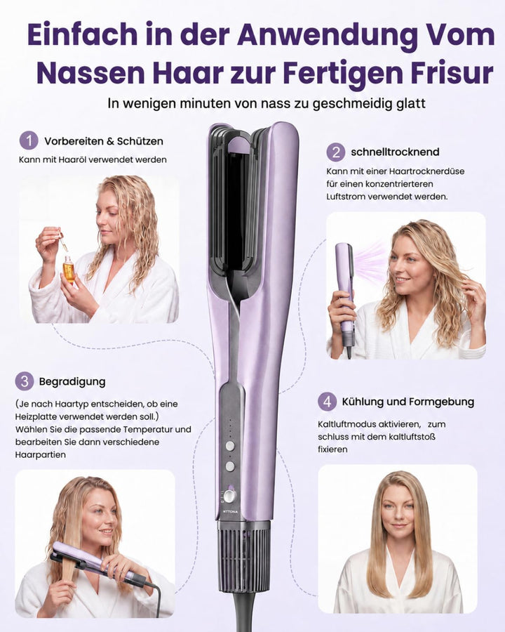 HITTIONA Air Haarglätter Föhn 3 in 1 - Nass-zu-Trocken Glätteisen mit Föhndüse &amp; Volumenbürste, Troc
