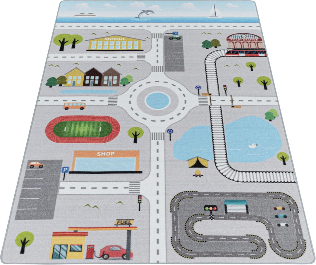 HomebyHome Kinderteppich Strasse Verkehr Design Grau 120x170 cm - Kurzflor Teppich Kinderzimmer Rech