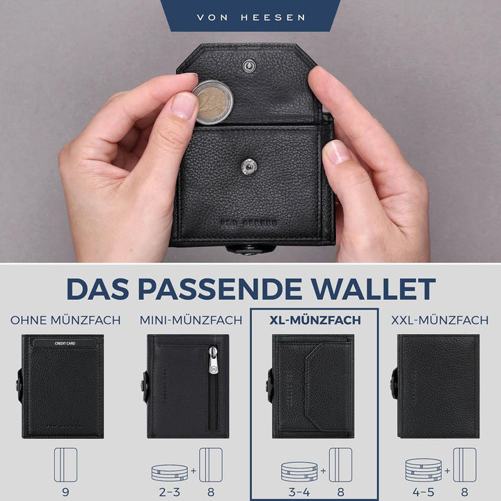 VON HEESEN Slim Wallet mit XL Münzfach Schwarz Schwarz XL MÜNZFACH (Kartenslot), Schwarz XL MÜNZFACH