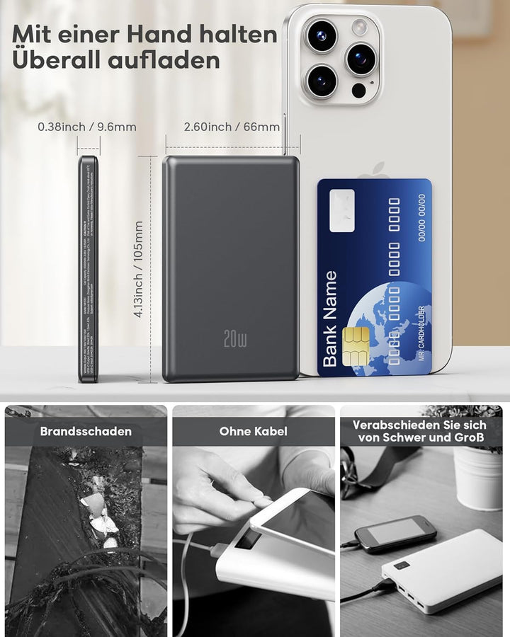 Ultra Slim iPhone Powerbank für Magsafe, Ntaanoo Magnetische Power Bank Induktives Laden 5000mAh, 20