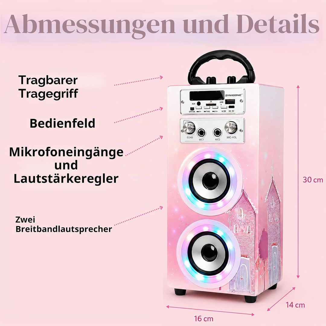 DYNASONIC Karaoke mit 2 Mikrofonen, tragbarer Karaoke-Maschine, Bluetooth-Lautsprecher, USB- und SD-