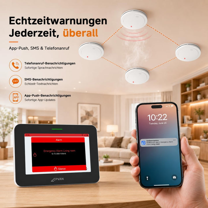 CPVAN GSM + WiFi Smart Rauchmelder Vernetzt 10 Jahre Batterie mit 7" Touch Screen 110dB Zentralpanel