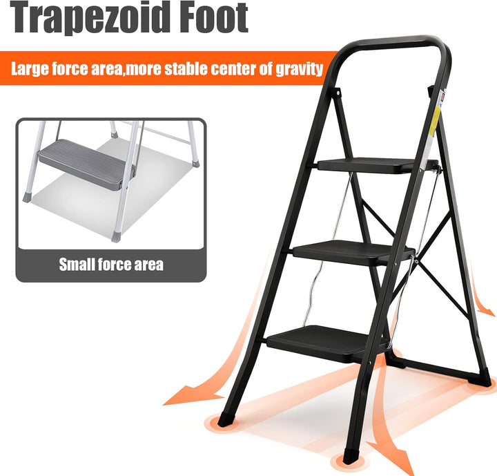 HBTower Leiter 3 Stufen Klappbar, Trittleiter mit Anti-Rutsch-Pedal, 20 cm breite Stufen, 150KGS Kap