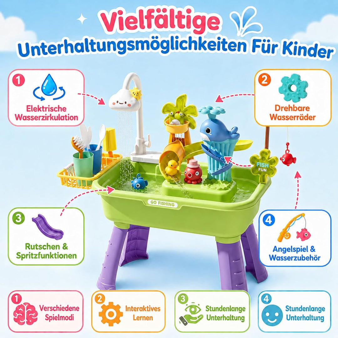 4-in-1 Spielspüle - Wassertisch Mit Pumpe Und Fliessendem Wasser | Sand Und Wasser Spielzeug | Angel