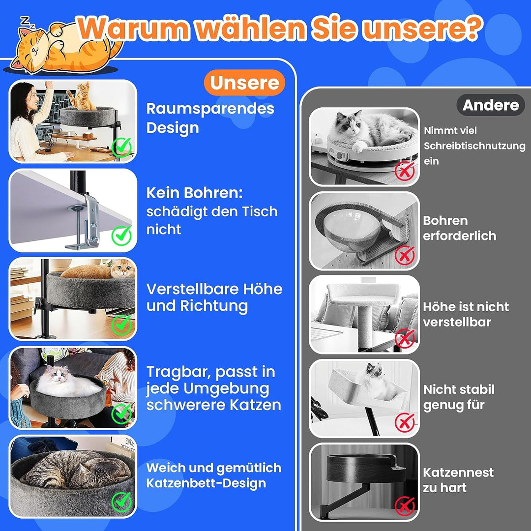 BSWAY Katzenbett für Schreibtisch - Upgraded 360°Drehung, verstellbare Höhe, Kein Bohren Erhöhtes Ka