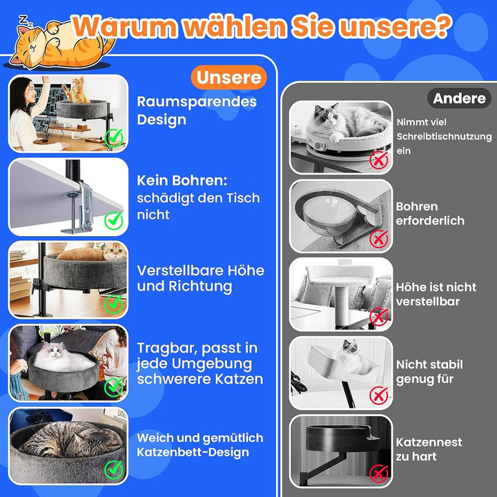BSWAY Katzenbett für Schreibtisch - Upgraded 360°Drehung, verstellbare Höhe, Kein Bohren Erhöhtes Ka