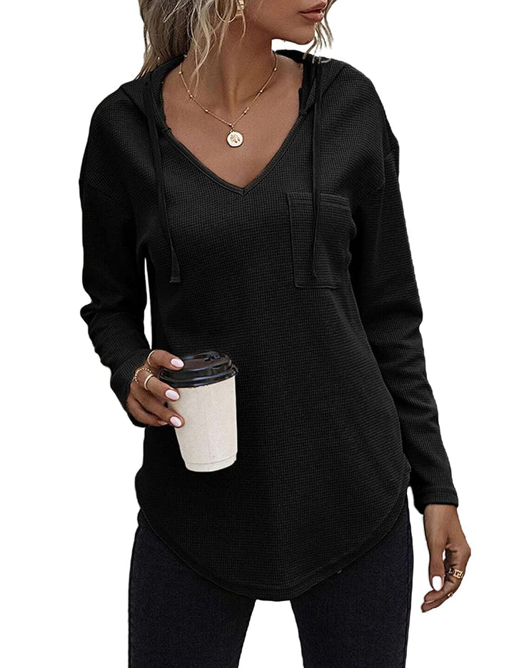 Pullover Damen Hoodie Langarm V Ausschnitt Pullover Sweatshirt Kapuzenpullover Einfarbig Drawstring