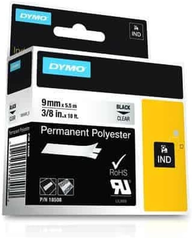 Dymo Rhino Band Industrie Polyesteretiketten, 9 mm x 5.5 m, schwarz/transparent schwarz auf transpar