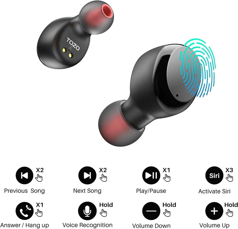 TOZO T6 Bluetooth Kopfhörer Kabellos In Ear Kopfhörer Touch Control mit Kabellosem Ladecase, IPX8 Wa