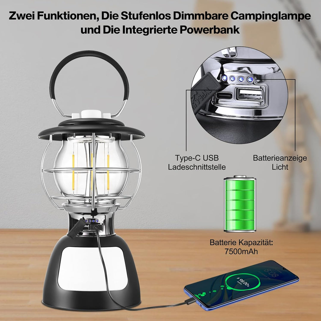 Therlan LED Campinglampe Aufladbar, 3 Lichtmodi, 250+ Std. Betriebsdauer, Stufenlos Dimmbar 4000K-65