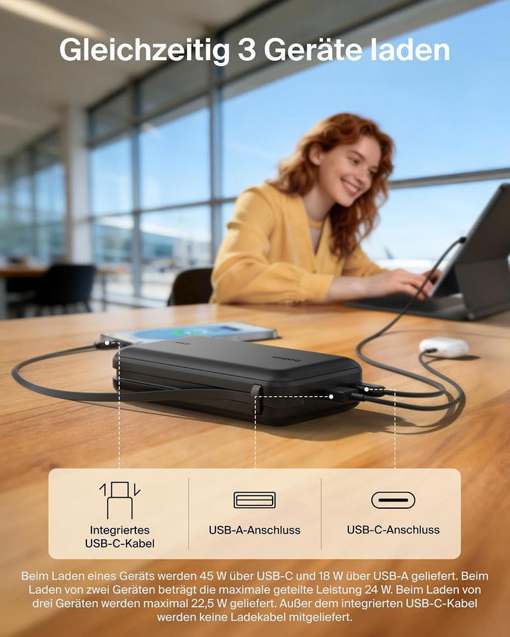 Belkin UltraCharge 20000mAh Power Bank, USB-C-Kabel und Anzeige – Schwarz, Schwarz