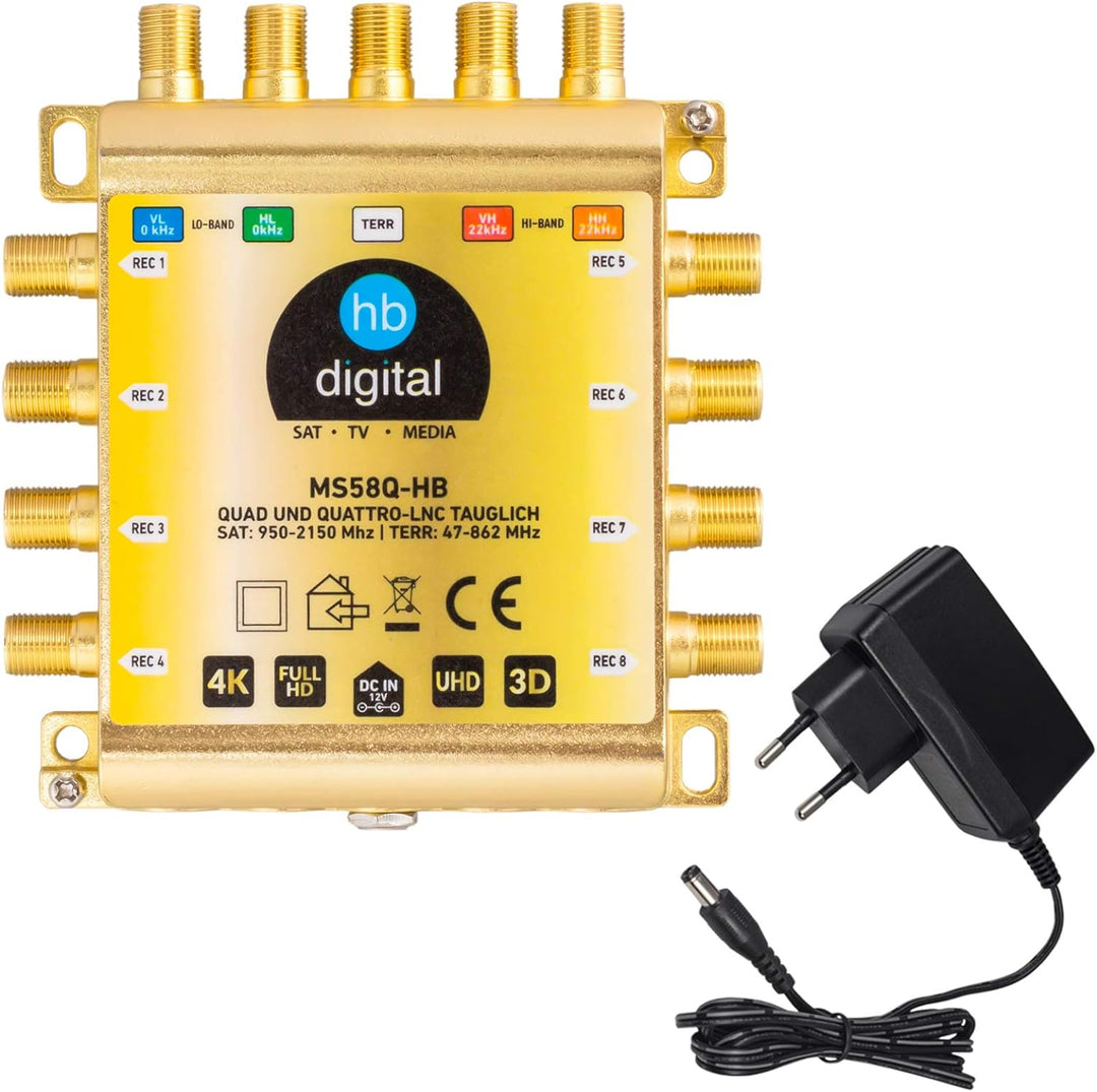 HB-DIGITAL DVB-S/S2 Multischalter 5/8 | Multiswitch Verteiler für 1 SAT, 8 Teilnehmer Satelliten Rec