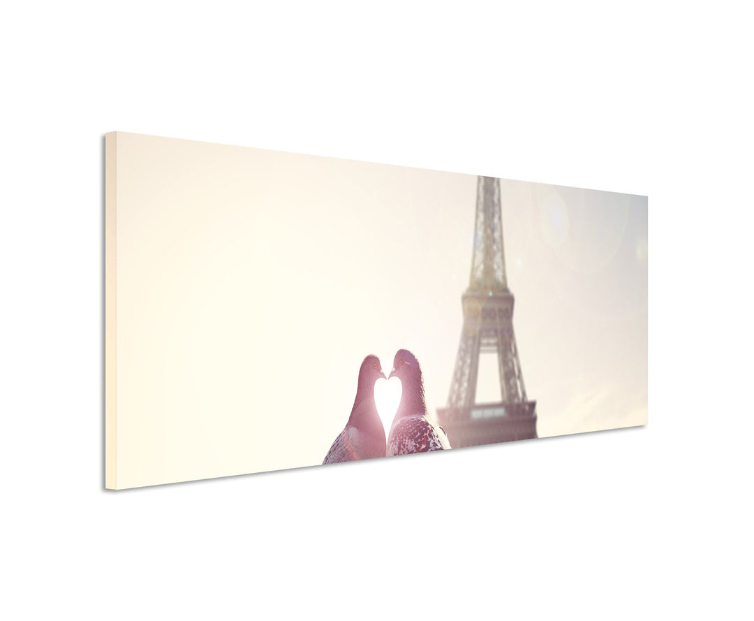 Paul Sinus Art Panoramabild 150x50cm Fotografie – Turteltauben vor dem Eiffelturm Paris auf Leinwand