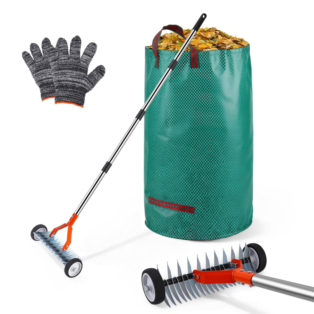 Handvertikutierer mit Rollen, Vertikutierer Rechen mit Stiel 166cm, Rasenlüfter mit Rädern, Metall S