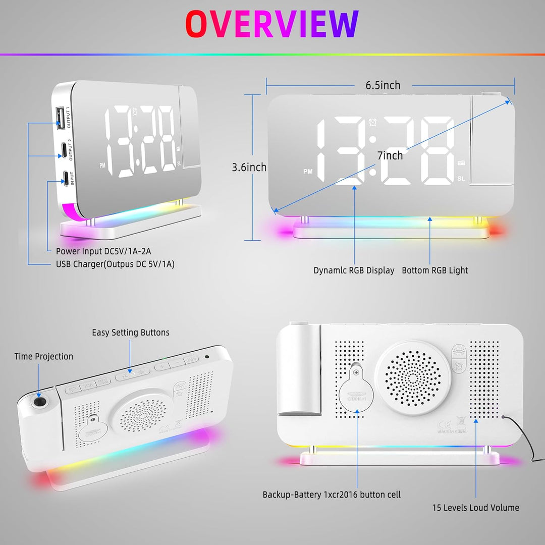 Lancoon Digitaler Wecker mit 180° Projektion Funkuhr 11 RGB Farbdisplay 10 Farben Nachtlicht 15 Stuf