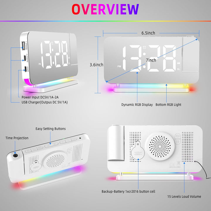 Lancoon Digitaler Wecker mit 180° Projektion Funkuhr 11 RGB Farbdisplay 10 Farben Nachtlicht 15 Stuf